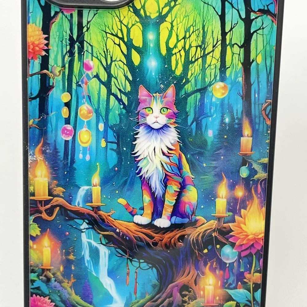 New iPhone 13 Colorful Fantasy Cat Forest Candle‎ Moon Phone Case